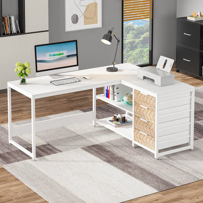 MonoWood L Shaped Computer Desk with Storage Drawers, 59 inch Corner Desk with Shelves, Reversible L-Shaped Office Desk