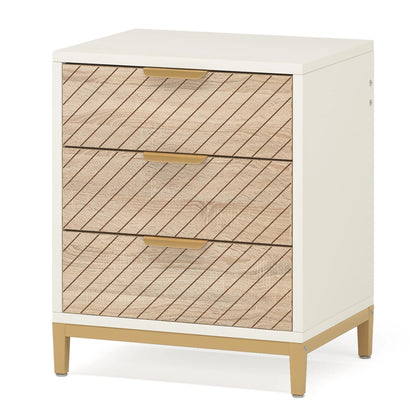MonoWood Night Stands for Bedrooms, White and Gold Light Wood Grain Nightstands with 3 Drawers Bedside Tables