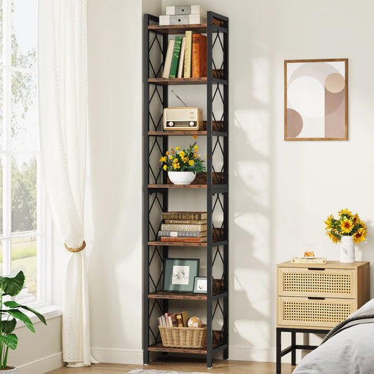 MonoWood 78.7 Inch Extra Tall Narrow Bookshelf, 7 Tier Skinny Bookcase for Small Spaces, Freestanding Display Shelves