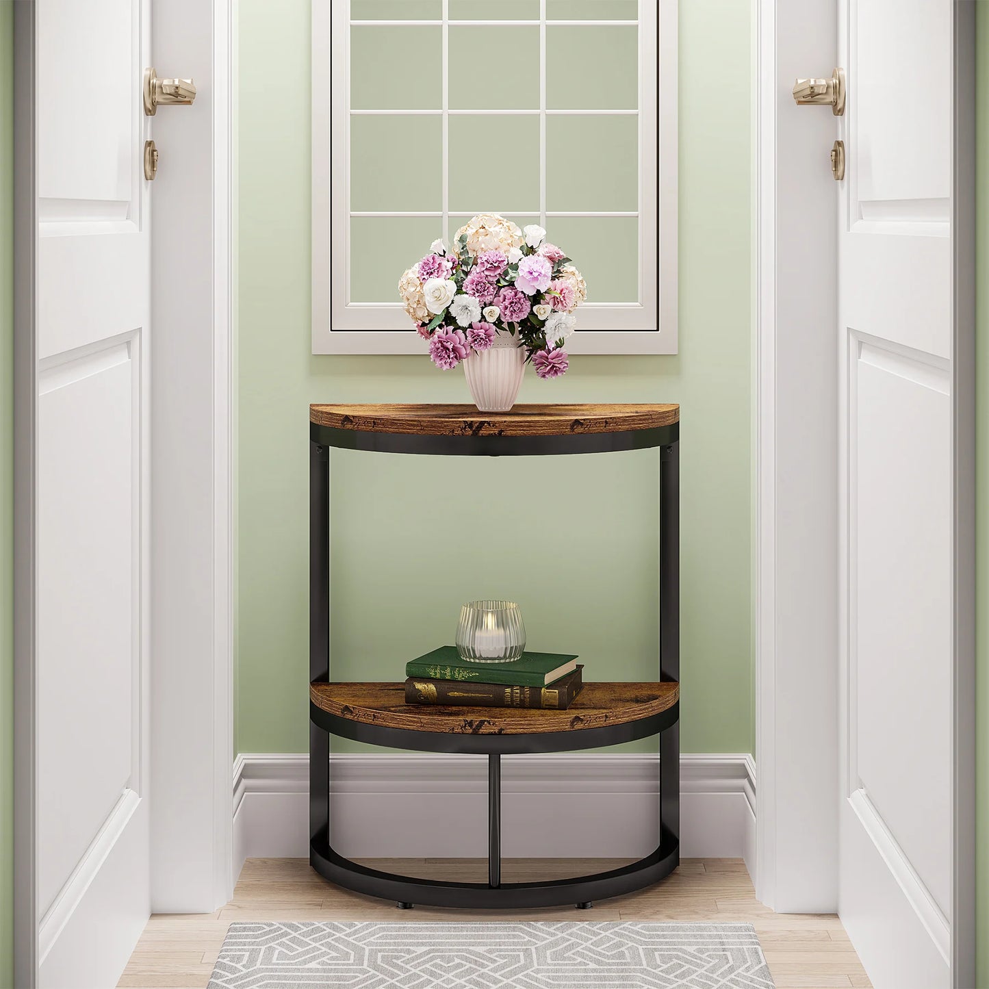 MonoWood End Table Semi Circle, Small Half Round Side Table with Storage Shelf, Accent Table Slim C Table for Sofa Couch