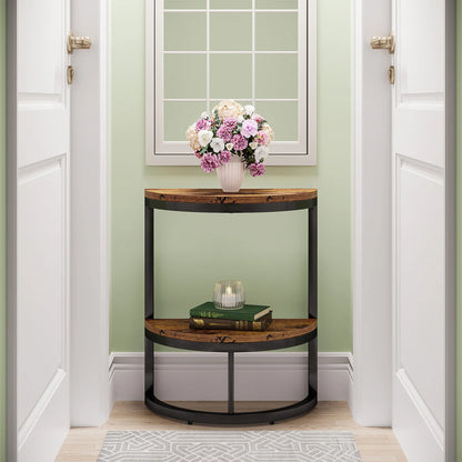 MonoWood End Table Semi Circle, Small Half Round Side Table with Storage Shelf, Accent Table Slim C Table for Sofa Couch