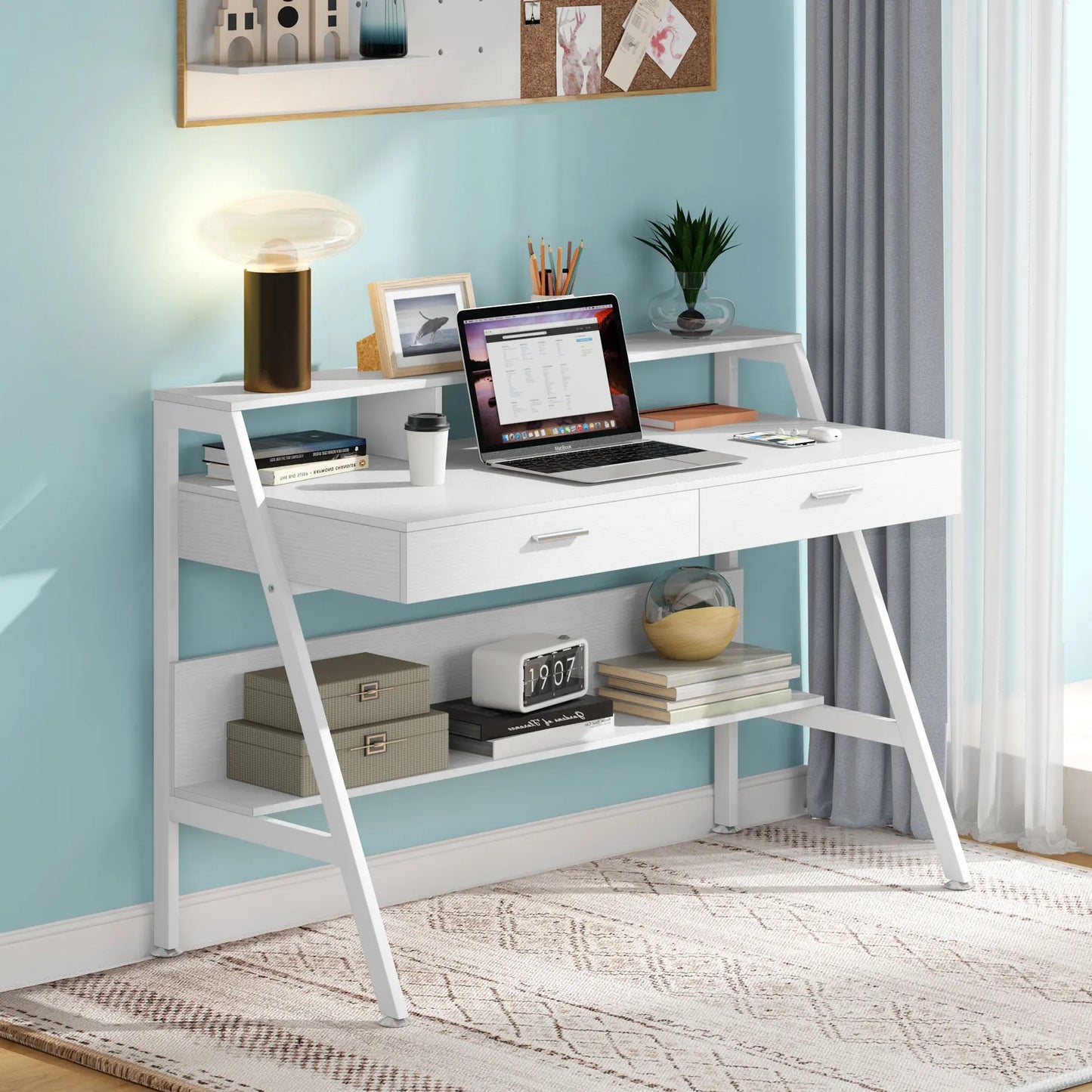 MonoWood Computer Desk with Storage Shelf & Drawers, Modern 47 inch Office Writing Desk Study Table with Monitor Stand