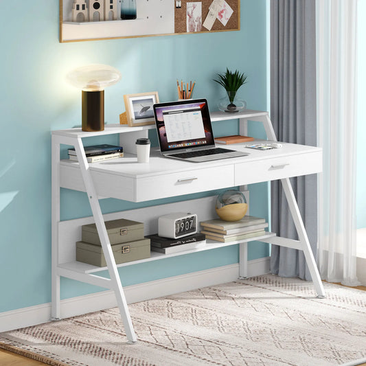 MonoWood Computer Desk with Storage Shelf & Drawers, Modern 47 inch Office Writing Desk Study Table with Monitor Stand