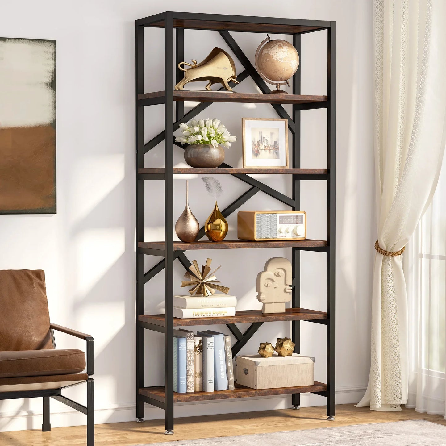 MonoWood 71 Inch High Quality Shelving Units Organizer Rack Industrial Wood Open Bookshelf