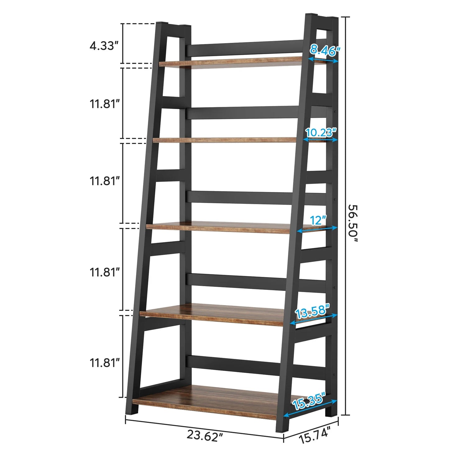 MonoWood 5-Tier Bookshelf Industrial Bookcase, 5 Shelf Ladder Shelf Book Storage Shelf Organizer for Living Room, Home Office