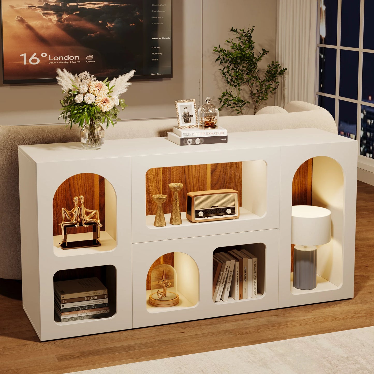 MonoWood 59" White Console Table, Modern Entryway Table, Wooden Storage Organizer Entrance Table with 6 Compartments