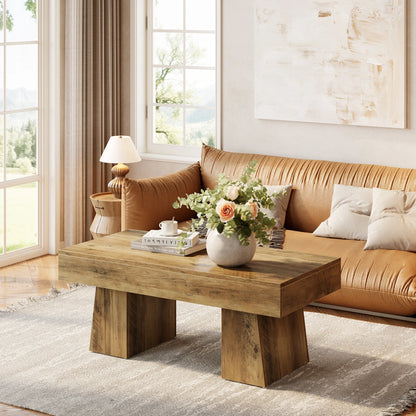 MonoWood Vintage Coffee Table, 120cm Wooden Accent Center Tables with Thick Base, Modern Low Cocktail Tea Furniture for