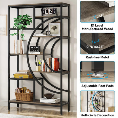 MonoWood 71 inches Geometric Bookcase, 8-Tiers Bookshelves, Rustic Bookcase with Metal Frame, Freestanding Open Shelving