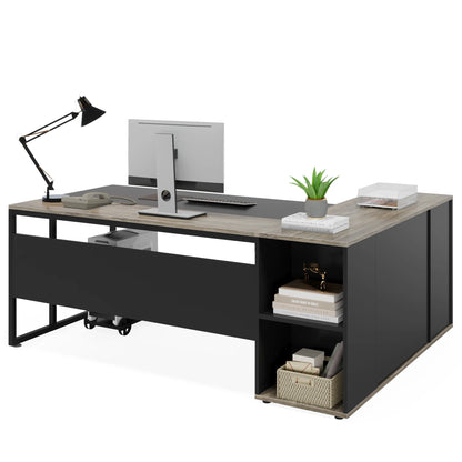 MonoWood 71 inch Executive Desk, L Shaped Desk with Cabinet Storage, Executive Office Desk with Shelves, Business Furniture