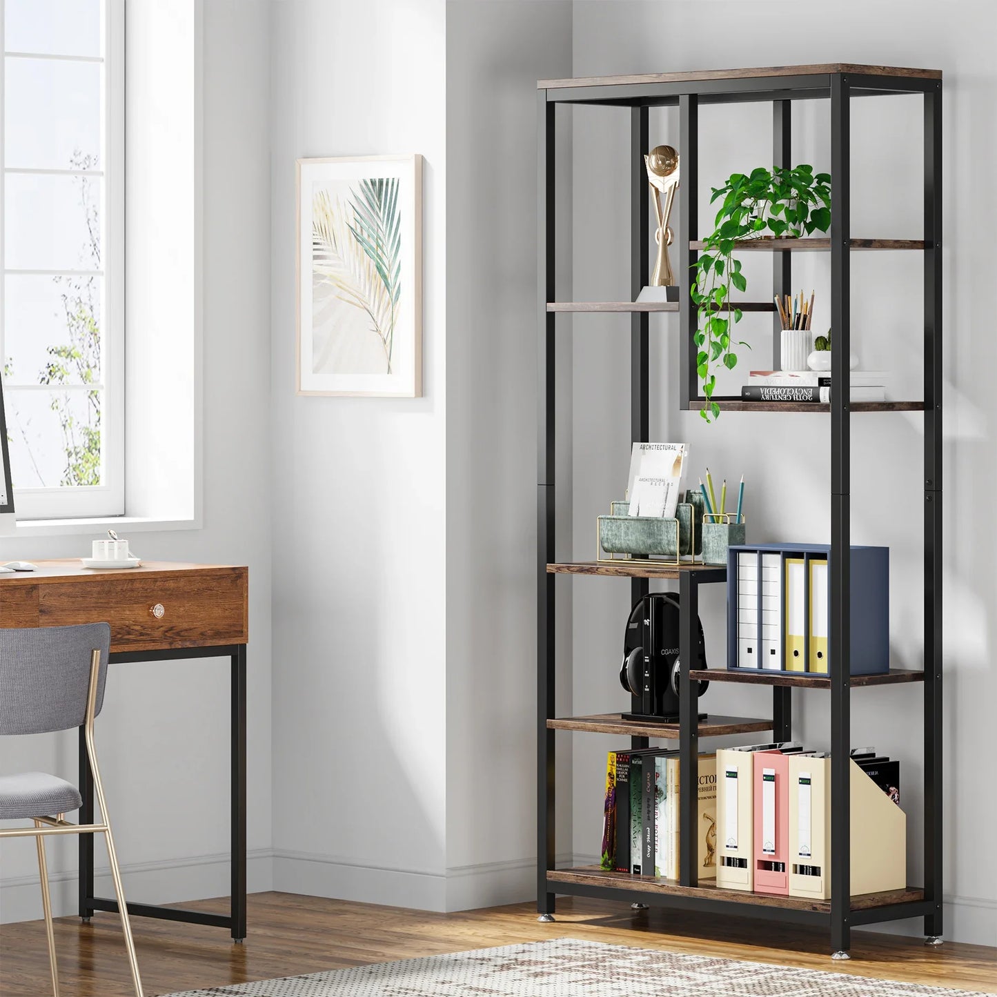 MonoWood 6-Tier Tall Bookshelf Bookcase, Industrial 8-Shelf Open Bookcase Storage Display Book Shelves