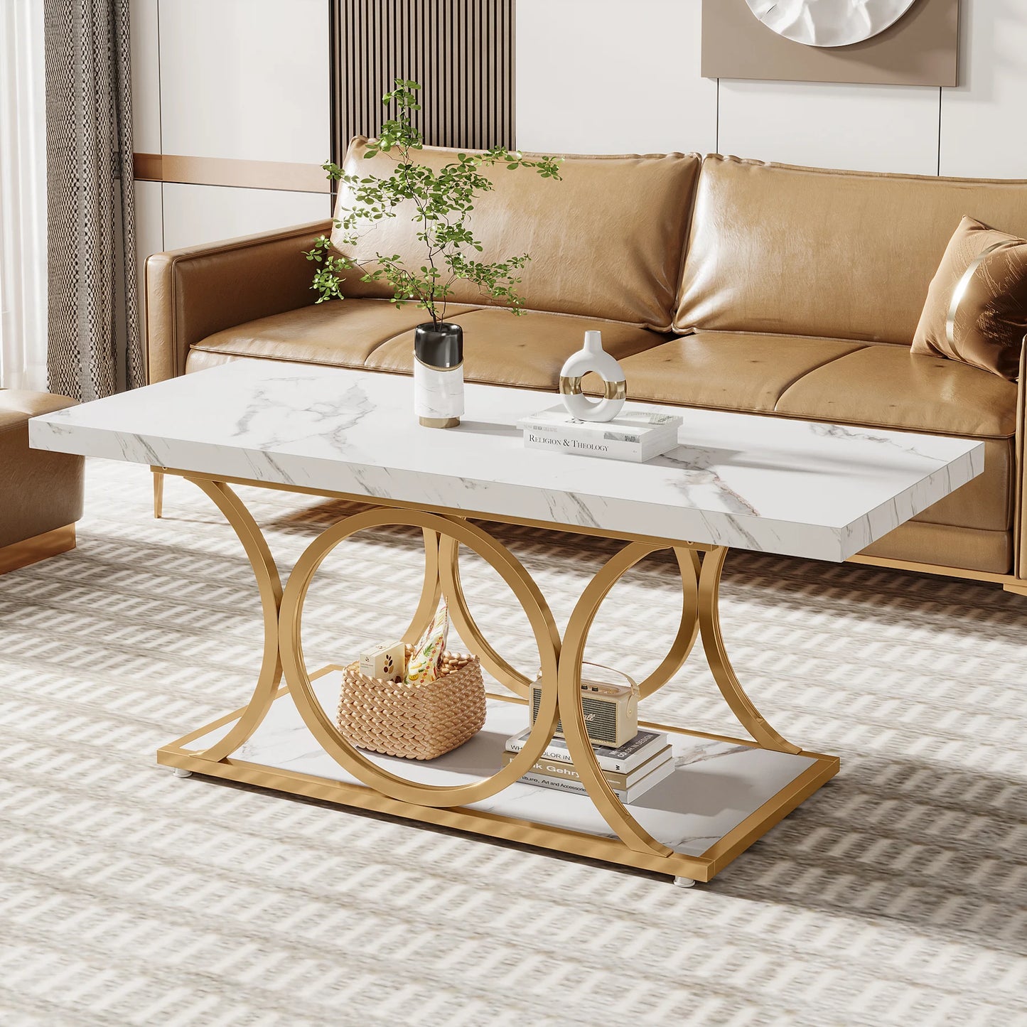 MonoWood Coffee Table 47 inches Faux Marble Cocktail Table with Geometric Frame