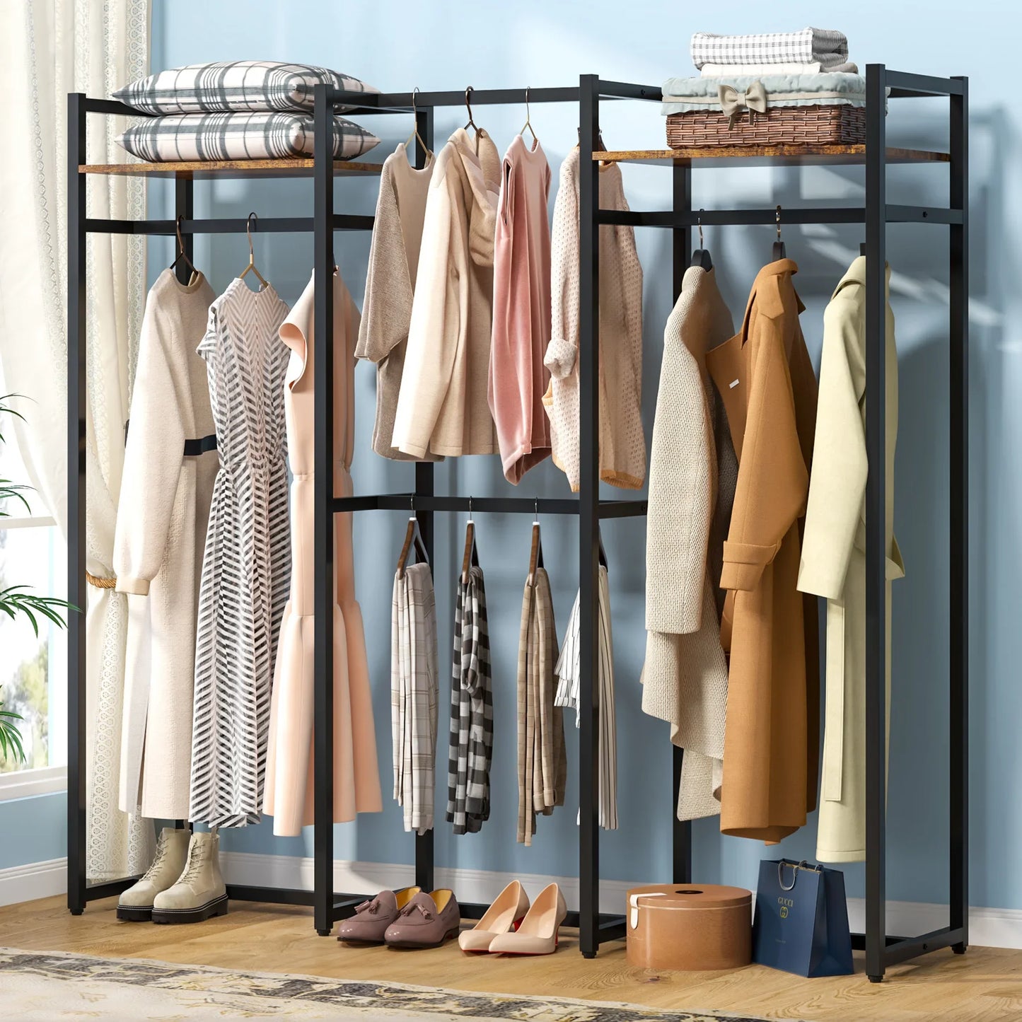 MonoWood Free Standing Closet Organizer with Hanging Rods,Clothes Rack with Storage Shelves, Large Size Storage Rack