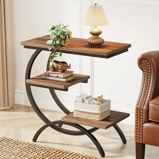 MonoWood C-Shaped End Table, Industrial 3-Tier Small Table for Couch, Wood Bedside Table Snack Table with Storage Shelves
