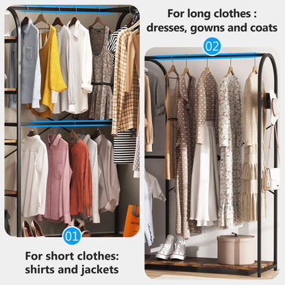 MonoWood L Shape Clothes Rack, Corner Garment Rack with Storage Shelves and Hanging Rods, Space-Saving Open Wardrobe Closet