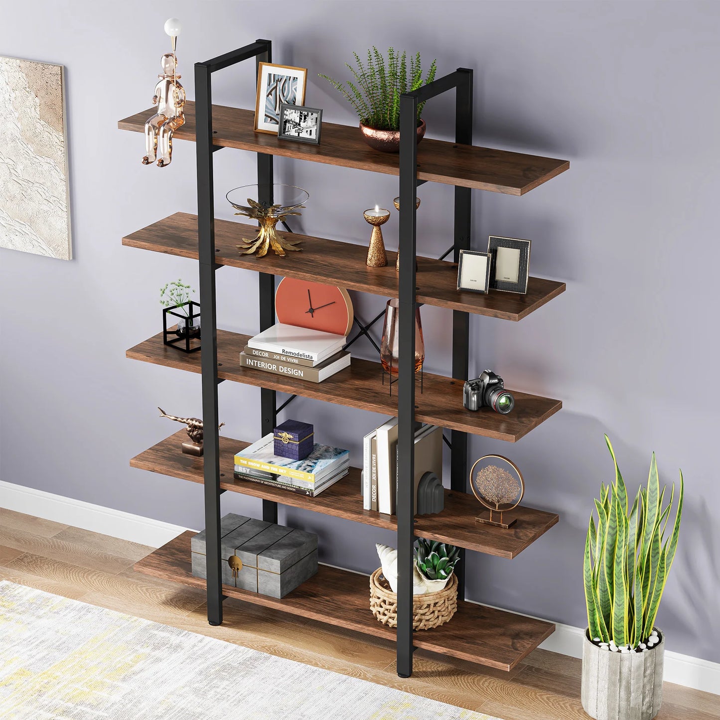 MonoWood 5-Tier Bookshelf, Vintage Industrial Style Bookcase 72 H x 12 W x 47L Inches
