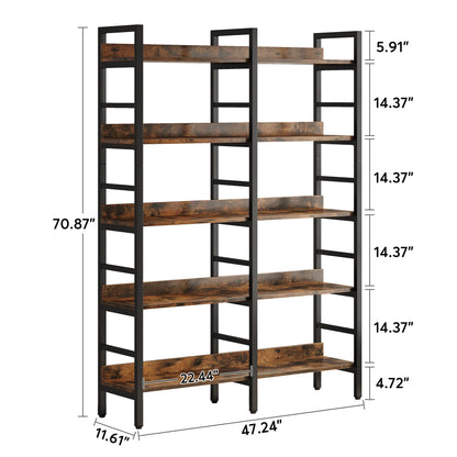 MonoWood 5-Tier Industrial Bookshelf, 71”H x 47”W Etagere Bookcase, Freestanding Double Wide Book Shelf for Storage