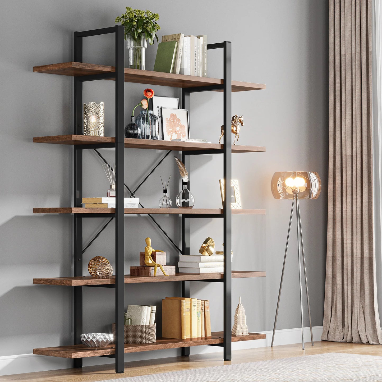 MonoWood 5-Tier Bookshelf, Vintage Industrial Style Bookcase 72 H x 12 W x 47L Inches