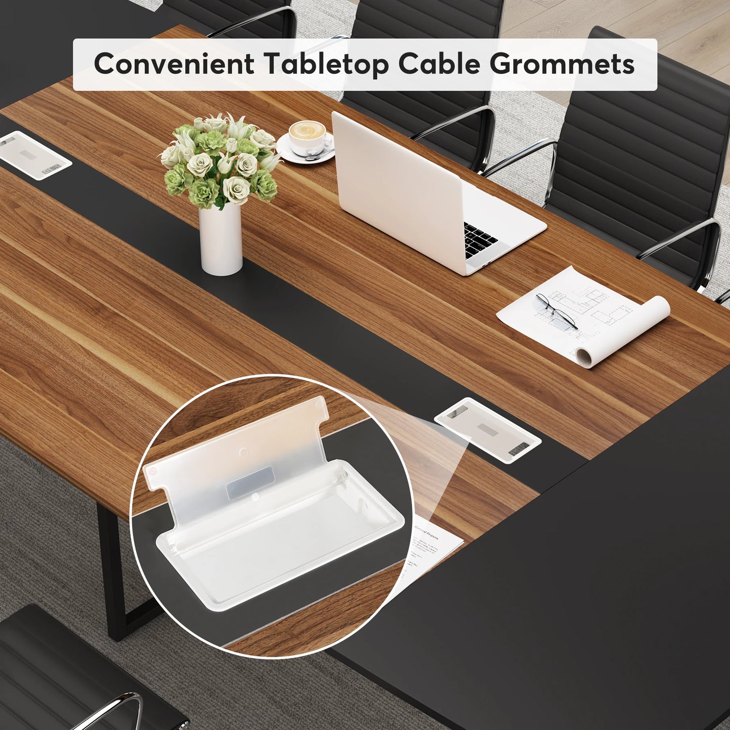MonoWood 8FT Conference Table, 94.48L x 47.24W x 29.52H Inches Boat Shaped Meeting Table with Rectangle Grommet