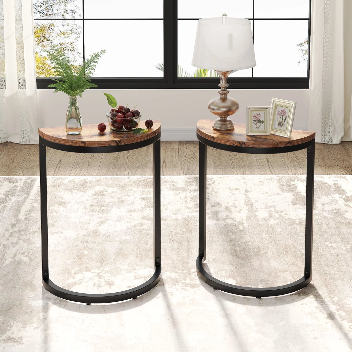 MonoWood End Table Semi Circle, Small Half Round Side Table with Metal Frame, Wood Accent Table Slim C Table