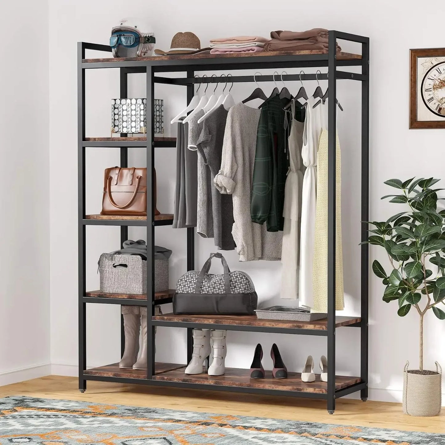MonoWood  Free-standing Closet Organizer with 6 Storage Shelves and Hanging Bar, Large Standing Clothes Garment Rack