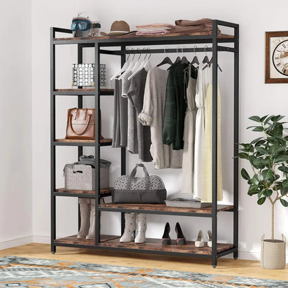 MonoWood  Free-standing Closet Organizer with 6 Storage Shelves and Hanging Bar, Large Standing Clothes Garment Rack