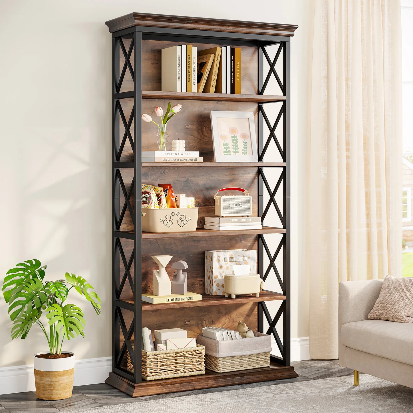 MonoWood 6-Tier Bookcase, 71 Inches Industrial Bookshelves and Bookcases, Floor Standing 5 Shelf Display Storage Shelves