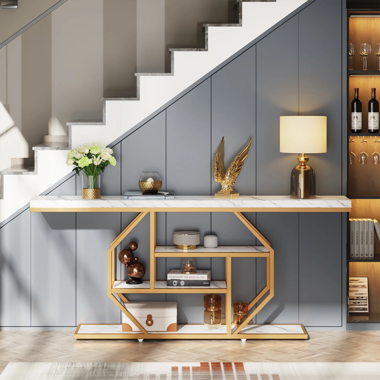 MonoWood Console Table, Modern Gold Sofa Table Behind Couch with Storage, 4 Tier Entryway Accent Table