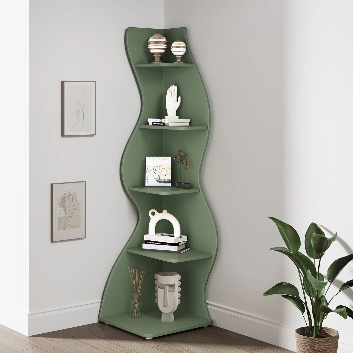 MonoWood 5-Tier Corner Shelf, Modern Wall Corner Bookshelf, Stylish Corner Small Bookcase Storage Rack Plant Stand