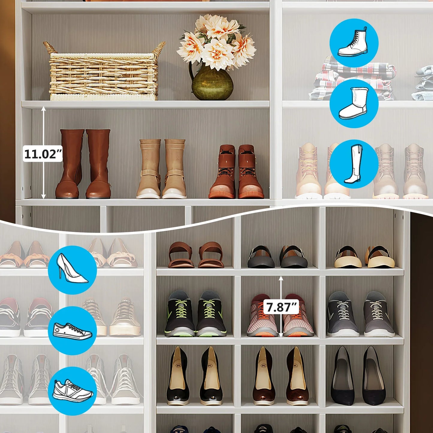 MonoWood Shoe Cabinet, 24 Pair Freestanding Shoe Rack Storage Organizer with Side Hooks, Shoe Storage Cabinet with Shelves