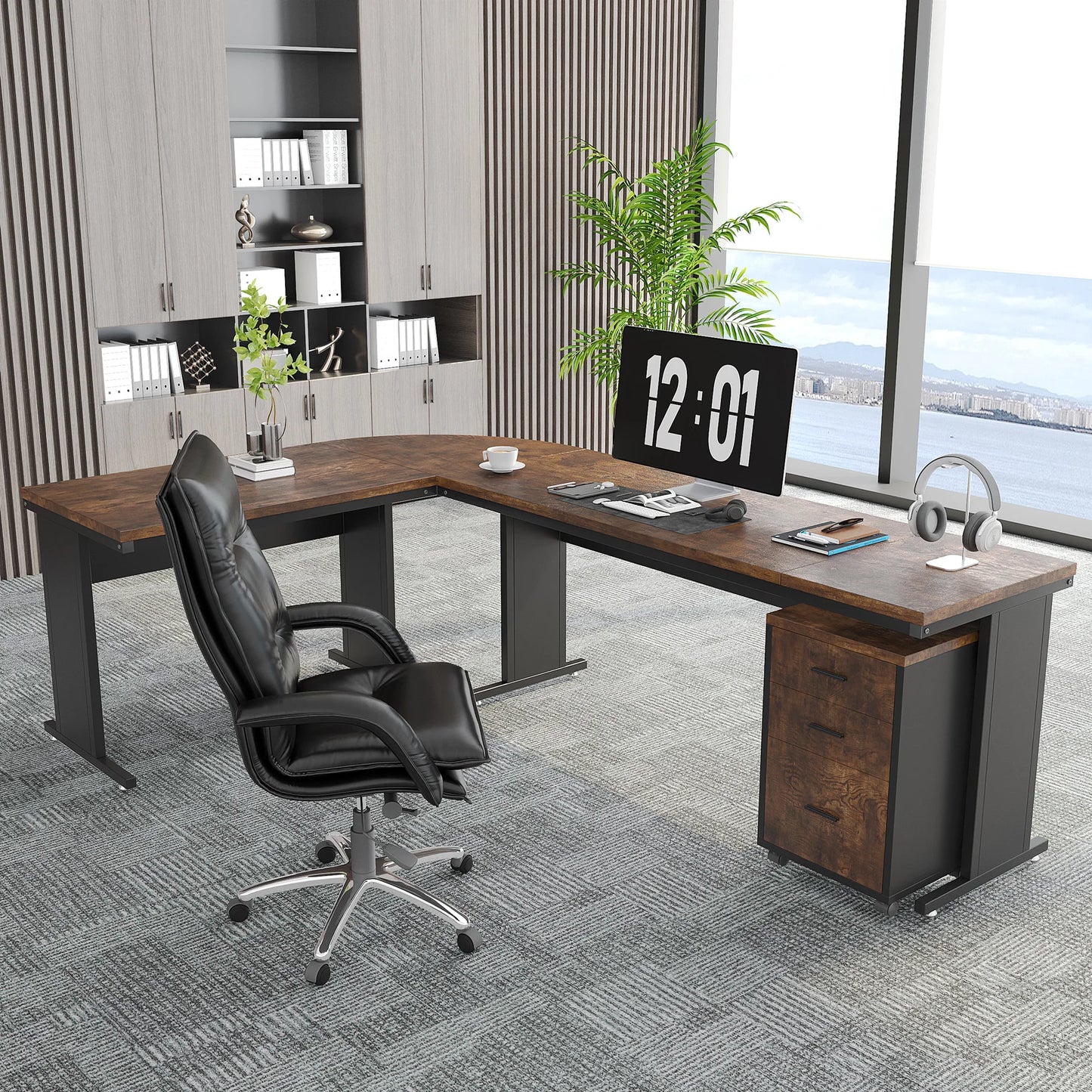 MonoWood L-Shaped Executive Desk, Large Office Desk with 3-Drawer File Cabinet, Industrial Corner Computer Table with Drawers