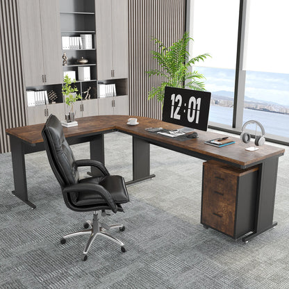MonoWood L-Shaped Executive Desk, Large Office Desk with 3-Drawer File Cabinet, Industrial Corner Computer Table with Drawers