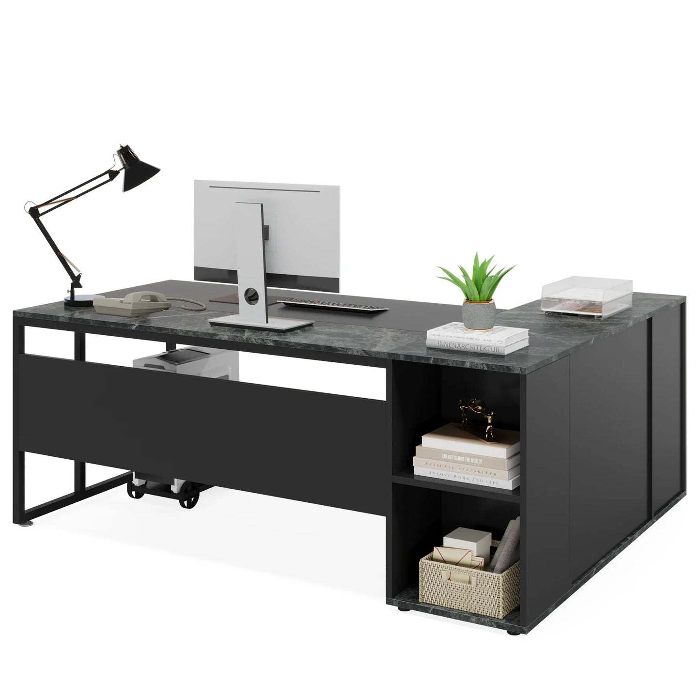 MonoWood 71 inch Executive Desk, L Shaped Desk with Cabinet Storage, Executive Office Desk with Shelves, Business Furniture