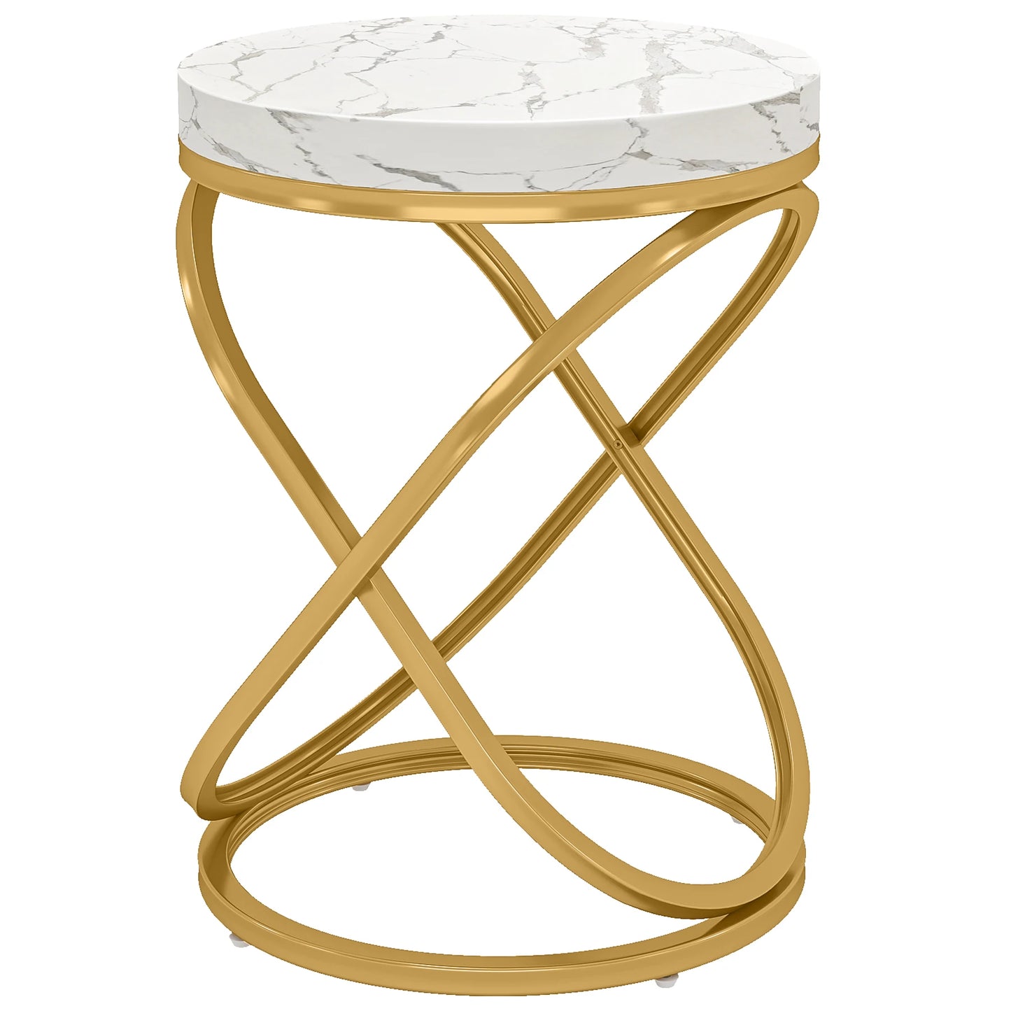 MonoWood 26 Inches White and Gold Faux Marble Top End Tables Living Room, Round Nightstands Sofa Side Table with X-Shaped