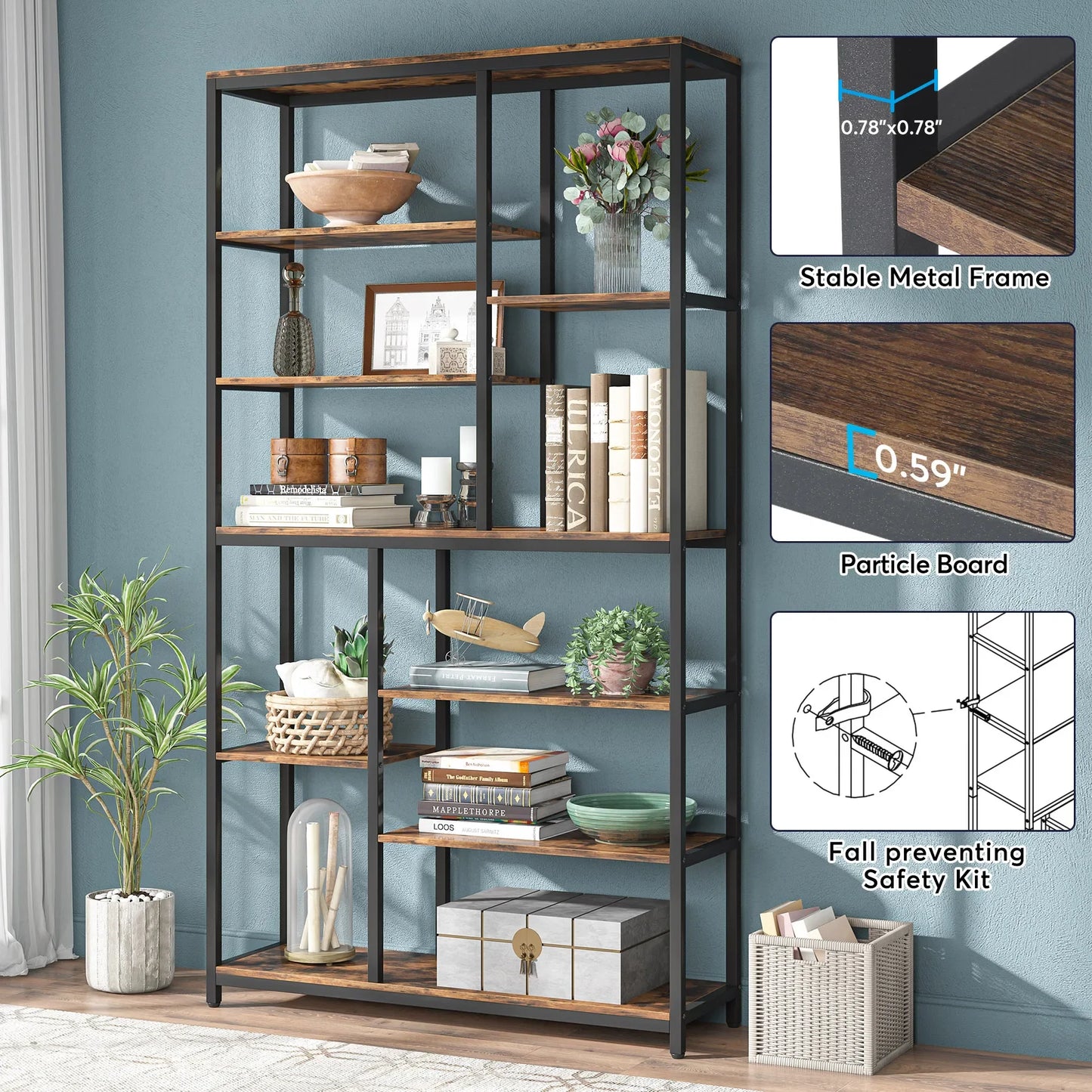 MonoWood Modern 8-Tier Staggered Bookcase -, Wide Wood Etagere Shelving Unit