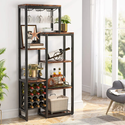 MonoWood 20 Bottle Wine Bakers Rack, 9 Tier Freestanding Wine Rack with Glass Holder and Storage Shelves