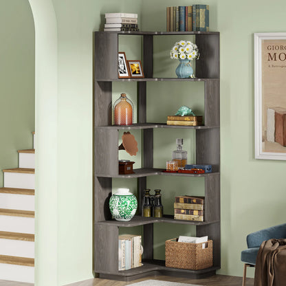 MonoWood 6-Shelf Corner Bookshelf, 6-Tier Tall Bookcase with Baffles, Multifunctional Book Shelves Storage Display Stand