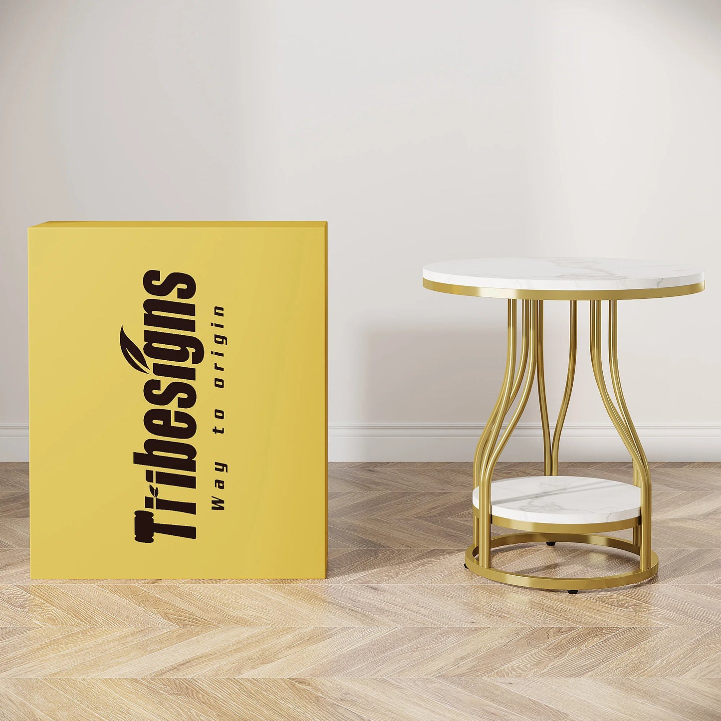 MonoWood 2-Tier End Table Round Side Table White Gold, Modern Bedside Table Small Side Table with Storage for Couch