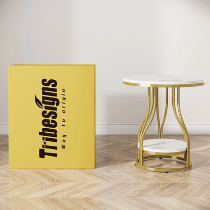 MonoWood 2-Tier End Table Round Side Table White Gold, Modern Bedside Table Small Side Table with Storage for Couch