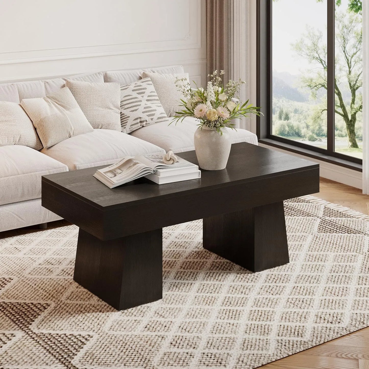 MonoWood Vintage Coffee Table, 120cm Wooden Accent Center Tables with Thick Base, Modern Low Cocktail Tea Furniture for