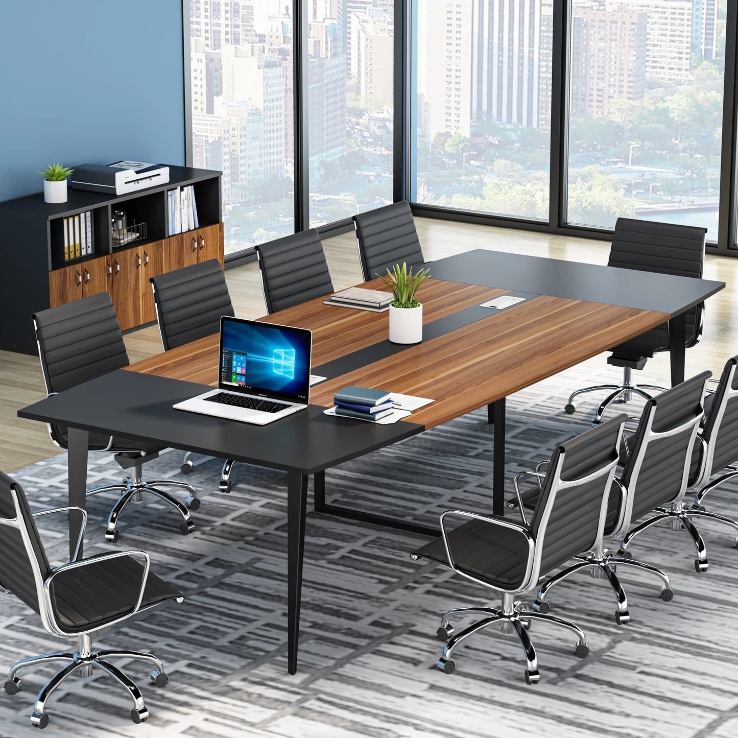 MonoWood 8FT Conference Table, 94.48L x 47.24W x 29.52H Inches Boat Shaped Meeting Table with Rectangle Grommet