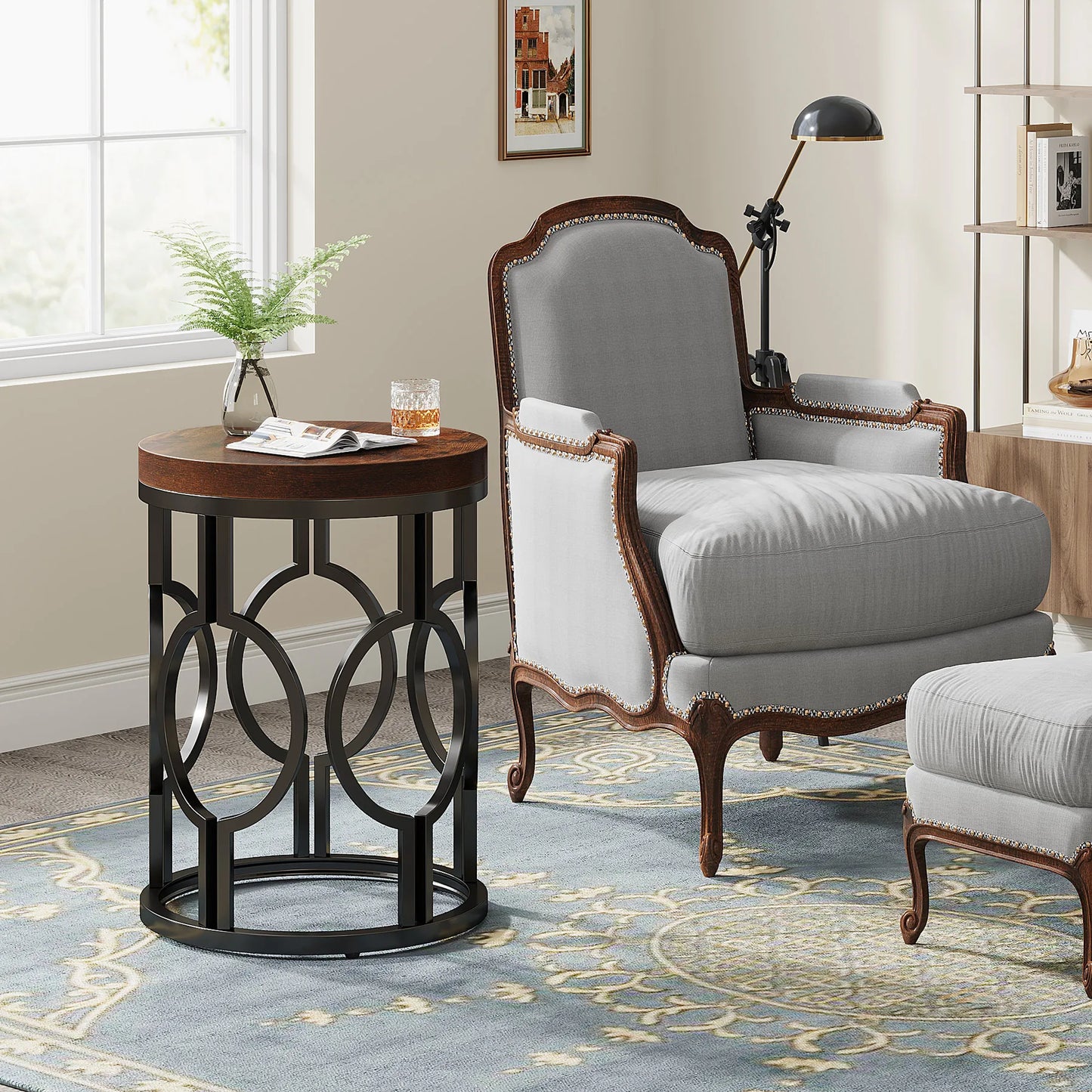 MonoWood Round End Table, Industrial SideTable with Metal Hollow Frame, Small Bedside Table Nightstand for Living Room