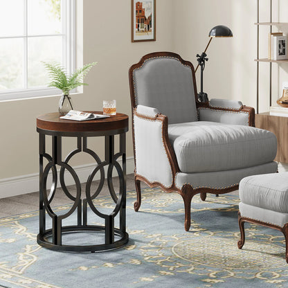 MonoWood Round End Table, Industrial SideTable with Metal Hollow Frame, Small Bedside Table Nightstand for Living Room