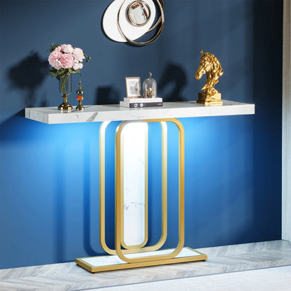 MonoWood Modern Gold White Console Table with LED Lights, Entryway Hallway Foyer Accent Table with Faux Marble Veneer