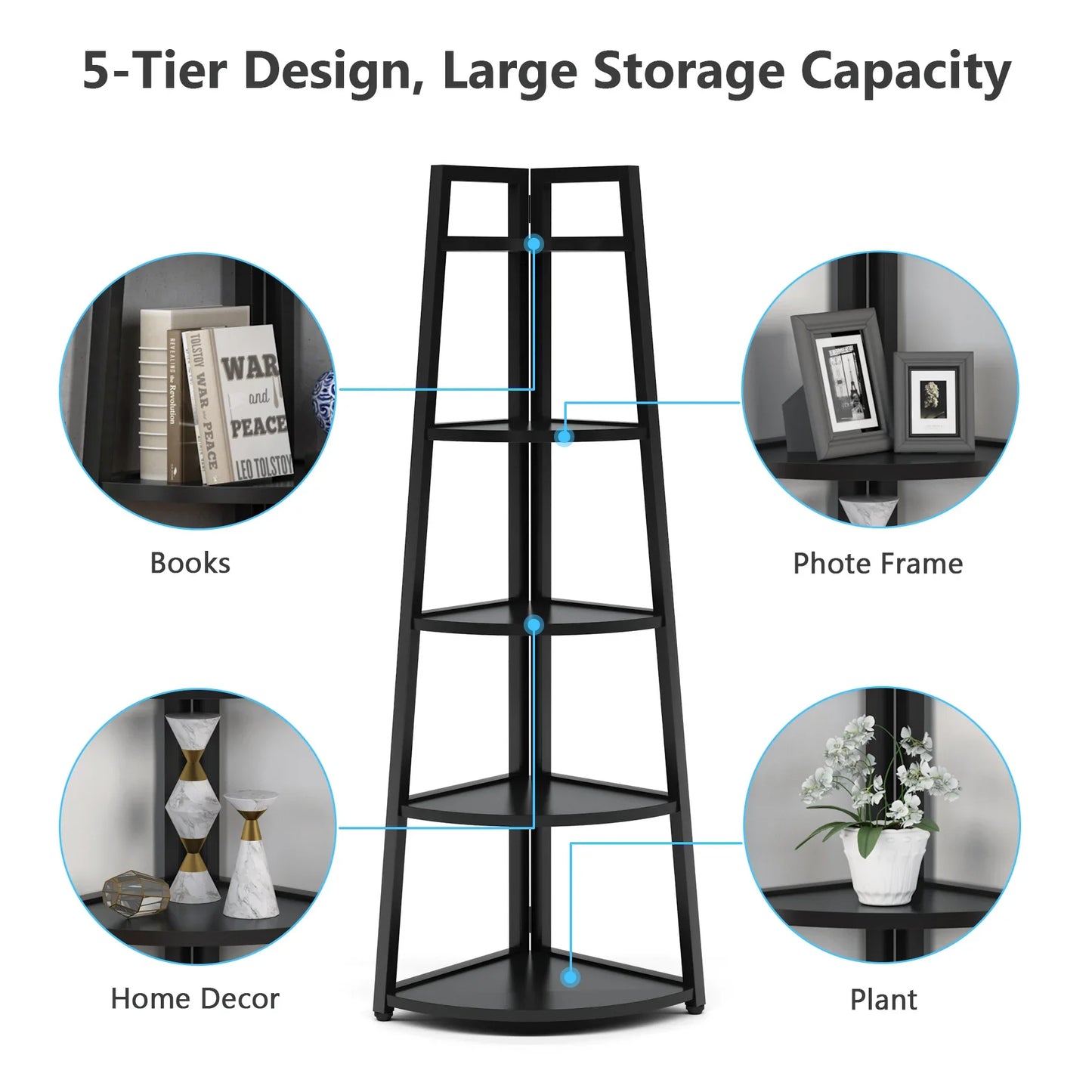 MonoWood 70 inch Tall Corner Shelf, 5 Tier Modern Corner Bookshelf Bookcase Industrial Corner Ladder Shelf Plant Stand