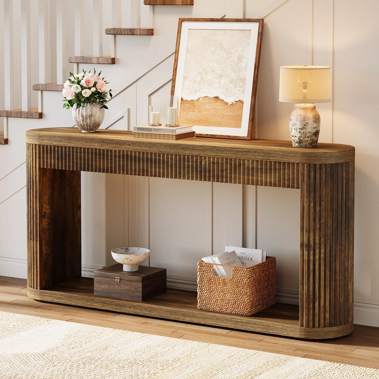 MonoWood 63 Inch Fluted Console Table for Entryway, Narrow Wood Sofa Table Behind Couch for Entrance, Hallway, Foyer