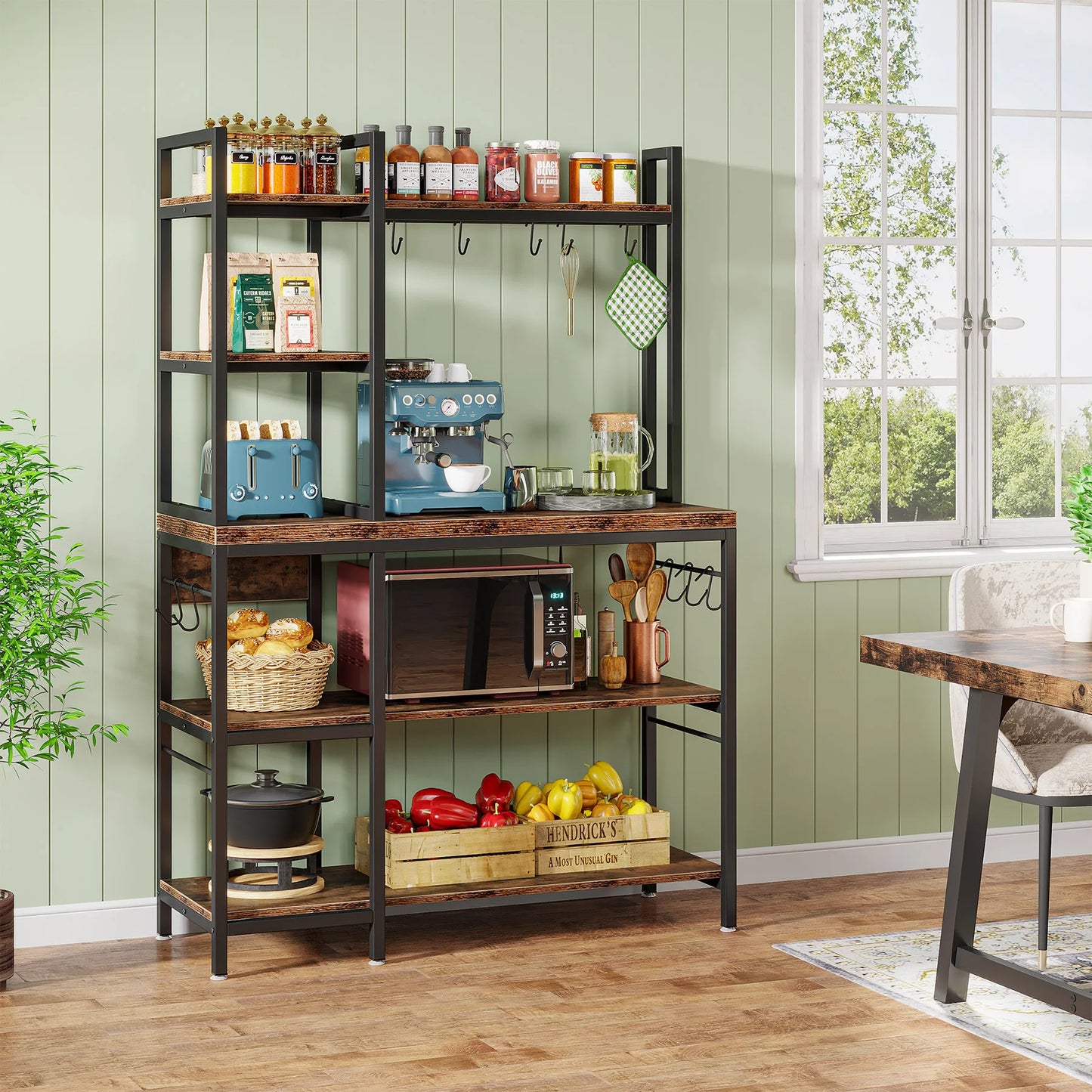 MonoWood Kitchen Bakers Rack with Storage, 43 inch Microwave Stand 5-Tier Kitchen Utility Storage Shelf Rack with 10 Hooks