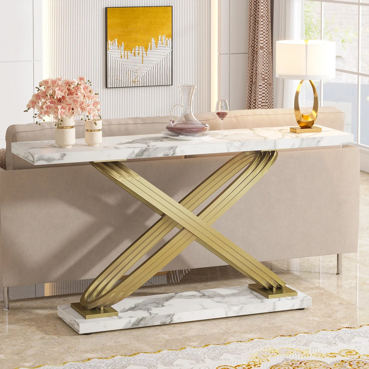 MonoWood 55 Inch Modern Console Table, Faux Marble Gold Entryway Table Behind Sofa Couch, Narrow Rectangular Sofa Table
