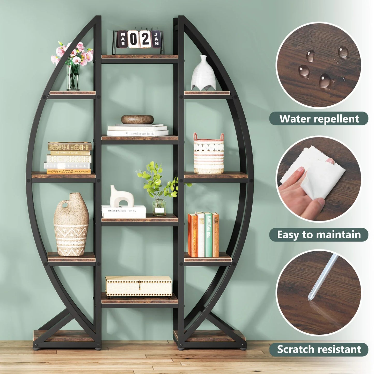 MonoWood Oval Bookshelf, Triple Wide 5 Tier Etagere Bookcase, Industrial Display Shelves for Living Room (Brown, 55")