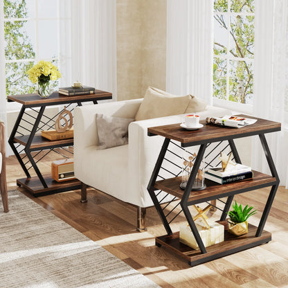 MonoWood End Table, Industrial Side Table with 3 Storage Shelves, Wood Sofa Side Table with Geometric Metal Frame