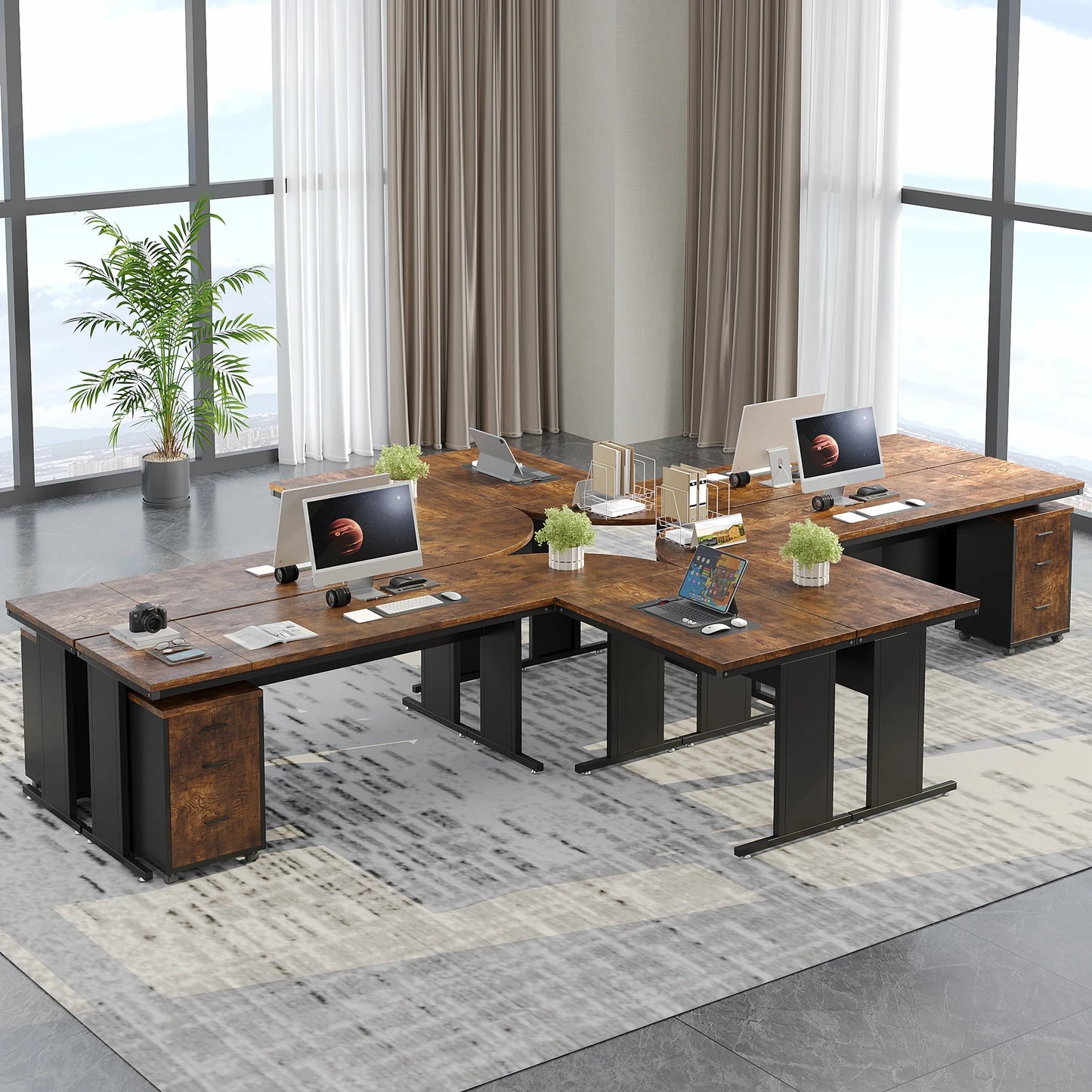 MonoWood L-Shaped Executive Desk, Large Office Desk with 3-Drawer File Cabinet, Industrial Corner Computer Table with Drawers